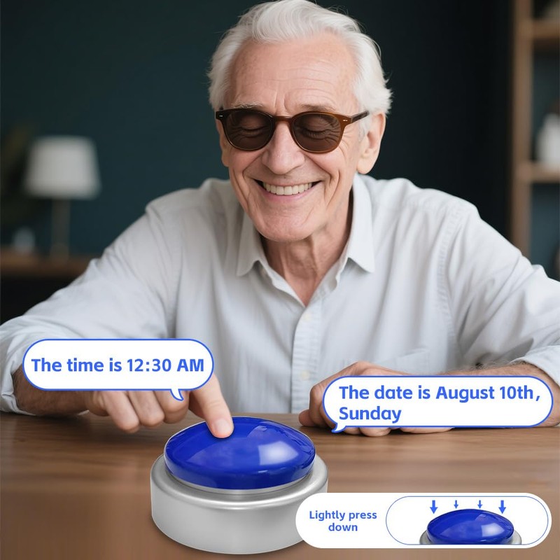 MAUJOY Large Talking Button Clock(Blue-Silver) Alarm Clock with Time, Day