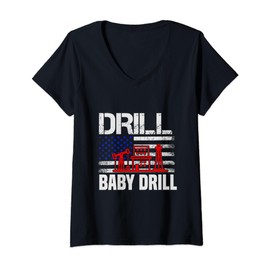 Womens Drill Baby Drill Funny Saying Rig USA Flag V-Neck T-Shirt