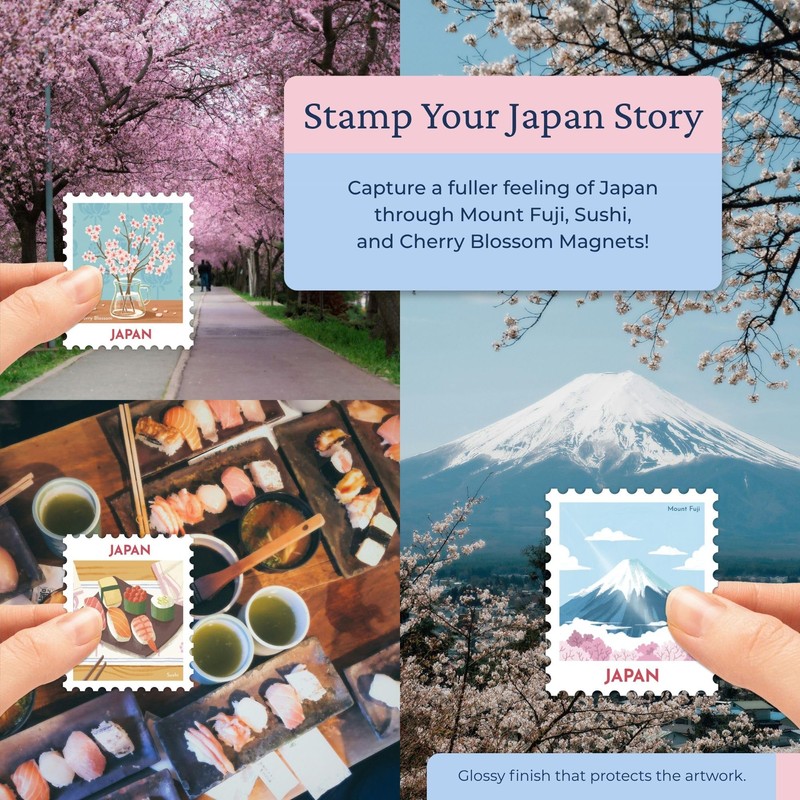 Navy Peony Japan Magnet Set - Hand-Illustrated Postage Stamp-Style Fridge