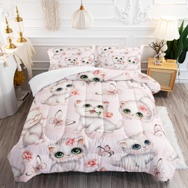 XYNHML Kids Bedding Queen Cartoon Cat Comforter 3 Pieces Pink White Cat Butterflies Comforter Set for Teens Kids Boys Girls Adults Kawaii Flower Quilt with 1 Comforter and 2 Pillowcases