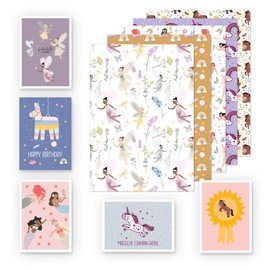 dabelino® Wrapping Paper for Children/Girls, Set: 5 Sheets + 5 Cards (Horses, Unicorn, Mermaid, Elves, Lama Pinata) | For Any Occasion, School Enrolment, Eco Recycled Paper Sustainable