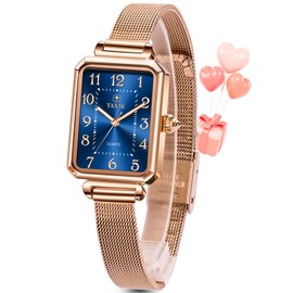 Taxau Women's Watches,Square Rose Gold Watches for Women Mesh Blue Face Easy to Read Women's Wrist Arabic Numerals Dress Waterproof Thin Ladies Watch for Women Casual Watch Reloj para Mujer