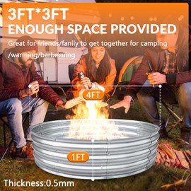 Pavlushka Galvanized Fire Pit Ring Outdoor Round Heavy Duty Steel 48 Inch Large Fire Ring for Backyard, Camping, Gardening, Bonfire, Beach, 4FT Sliver
