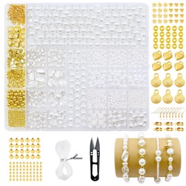 1400 Pieces White Beads for Threading, Bead Bracelets Make Yourself, 3/4/6/8/10/12 mm, Golden Beads, Spacer Beads, White Beads for Threading for DIY Jewellery Making