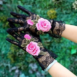 Women's Lace Short Mitten Gloves with Embroidered Flowers - for Brides, Weddings, Cocktail Parties, Tea Parties, Opera, Evenings, Dances & Elegant Short Courtesy Gloves. (Black with Pink Flowers)