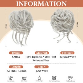 SARLA 2PCS Messy Bun Hair Pieces for Women Wavy Curly Synthetic Hairpieces for Updos with Tendrils Fake Scrunchies Ponytail Extension Grey Multi