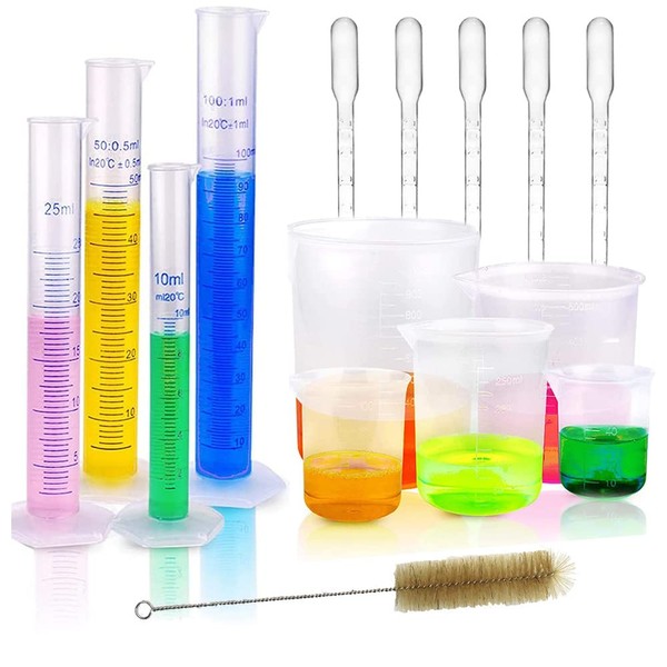 KOMUNJ 15 PCS Plastic Graduated Cylinders and Beakers Set with