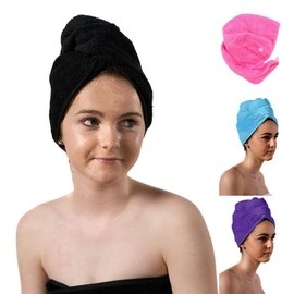 aztex Luxury Hair Turban Towel, Head Wrap Towel, Hair Drying Towel with Loop and Button Fastener, Luxury Absorbent and Lightweight Cotton, Multiple Colours, 64 x 23cm - Black