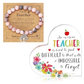 FINEASY Teacher Gifts for Women Men, Teacher Acrylic Plaque, Teacher Bracelet, Heart Shaped Acrylic Teacher Gift, Stone Bracelet, Thank You Gifts for Appreciation, Teacher's Day and Retirement