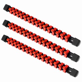 ALOANES 3 PC ABS Socket Organizer, 3/8 inch, Drive Socket Rail Holders, Heavy Duty Socket Racks, Black Rails with Red Clips