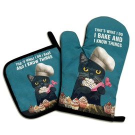 That's What I Do I Bake and I Know Things,Funny Oven Mitts and Pot Holders Sets of 2,Silicone Non-Slip Oven Mitts,Cat Kitchen Gift,Cooking Baking BBQ Gifts,Cat Oven Mitts,Cat Lover Gift