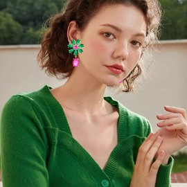 JOONL Bohemian Sparkly Crystal Big Flower Teardrop Dangle Drop Earrings Rhinestone Floral Stud Earring for Women (Green)