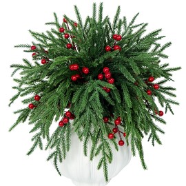 Set of 40 Artificial Norfolk Pine Branches with Red Berry 12.8" Christmas Greenery Picks Norfolk Pine Stems Fake Pine Tree Needle Sprigs for Vase Filler DIY Craft Garland Home Decorations (Green)