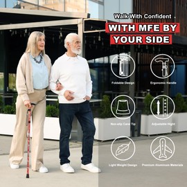 MFE Folding Cane, Portable 5-Level Adjustable Height Walking Stick with Foldable Design, Wrist Strap, and T Handle for Men and Women (Red Floral)