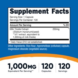 Nutricost Milk Thistle 1,000mg Equivalent, 120 Capsules - 250mg of 4:1 Extract - Vegan, Non-GMO and Gluten Free