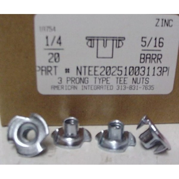 AmericanIntegratedSupply.com 1/4-20 T-Nuts 5/16" Barrel 3 Prong Steel Zinc Plated