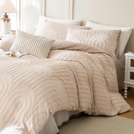 Herside Double Size Tufted Bedding Set Farmhouse Duvet Cover Set 3pcs Boho Rainbow Embroidery Tufted Printed Microfibre Quilt Cover Set Home Decor for Girls Teens Adult