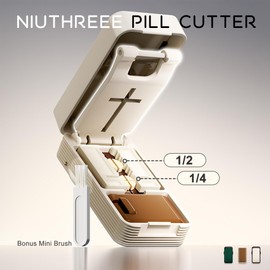 Pill Cutter - 1/4 & 1/2 Pill Splitter for Small Tiny Large Pills Professional | Hidden Blade & Sealed Storage | Adjustable & Cuts Multiple Tablets | Includes Cleaning Brush (Brown)
