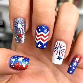 4th of July Nails Press ons Square Press on Nails Medium Fake Nails with Stars Lines Designs Glue on Nails White Blue Full Cover False Nails Independence Day Stick on Nails for Women 24 Pcs