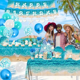 Beach Birthday Party Decorations, 183Pcs Ocean Waves Birthday Party Decorations Summer Pool Hawaiian Beach Party Supplies Plates,Napkins,Cups,Banner,Tablecloth,Balloons,Cupcake Topper,Serves 24