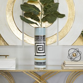 Deco 79 Ceramic Decorative Vase Centerpiece Vase with Greek Knot Pattern, Flower Vase for Home Decoration 5" x 5" x 18", Teal