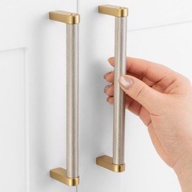 ASKANO Nickel and Gold Cabinet Pulls, 6-1/4 Inch Hole Centers, Knurled Bar Kitchen Cabinet Handles AP1311 | Pack of 5, Solid Hardware for Kitchen Door Drawer Dresser Bathroom Vanity Cupboard, 6.3"