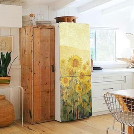 funlife Peel and Stick Fridge Door Mural w/Scraper and Utility Knife, Self-Adhesive Refrigerator Wrap, Leather Effect Textured Vinyl Fridge Cover Sticker for Kitchen Decor, 22.04" x64.17" Sunflower