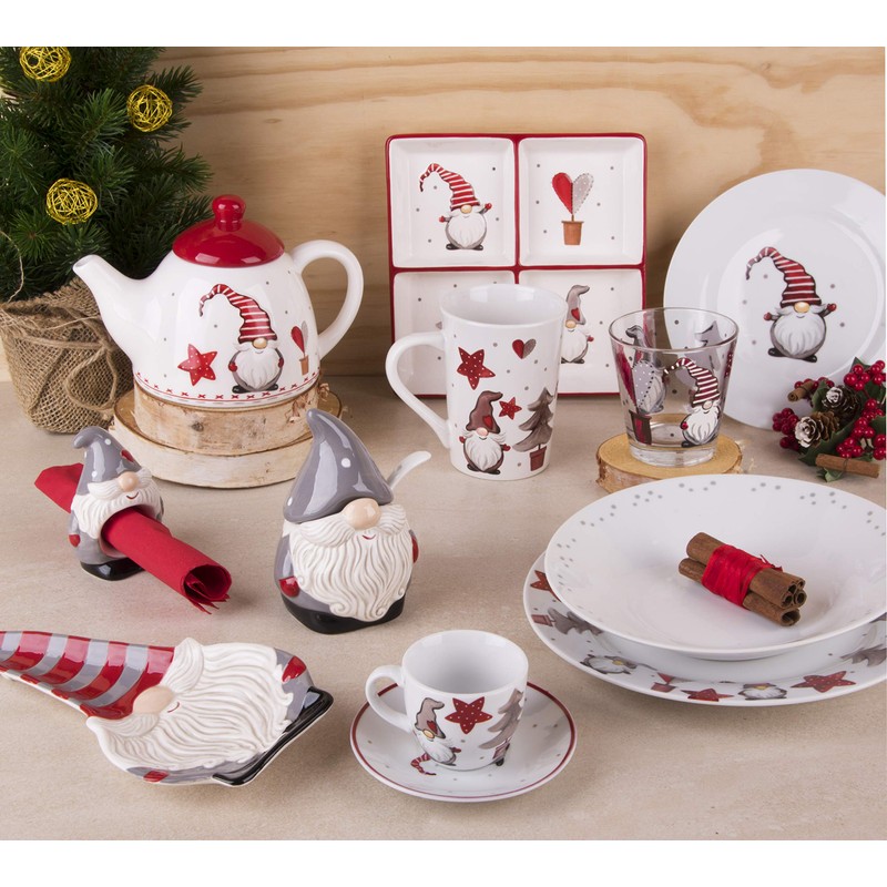 Excelsa 64125 Gnomo Christmas Teapot, Ceramic, White, Red