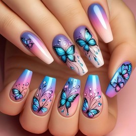24 Pcs Butterfly Press on Nails Medium Coffin Shaped Fake Nails Designs Pink Blue Purple Gradient False Nails Glossy Acrylic Nails Full Cover Stick on Nails for Women Nails Manicure Decoration