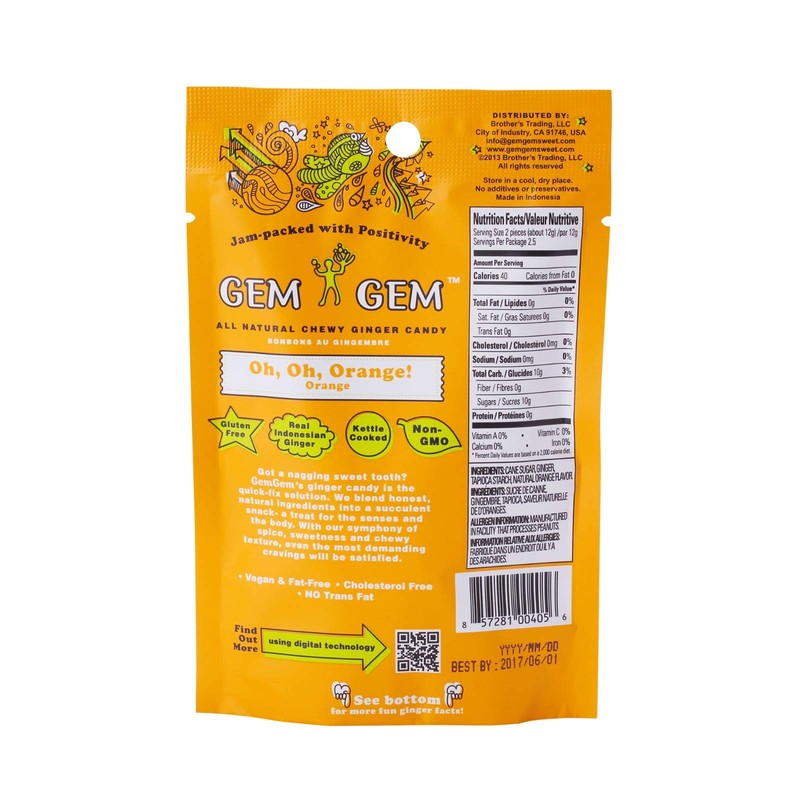 Gem Gem Ginger Candy Chewy Ginger Chews (Orange, 1.25 oz