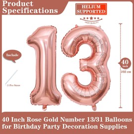 Rose Gold 13 Number Balloons, 40 Inch Giant Number 13 Balloons Foil Mylar Helium Rose Gold Number Balloons for 13th Birthday Party Supplies Anniversary Event Celebration Decorations