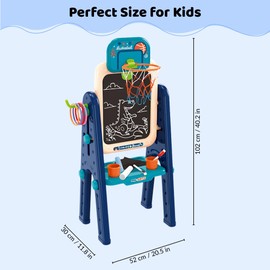 OLEOCA Easel for Kids – 4 in 1 Double Sided Toddler Art Easel with Magnetic Whiteboard, Chalk Board, Basketball Hoop & Ring Toss Game – Multifunctional Easel with Drawing Accessories for Ages 3+