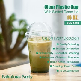 [200 Sets- 16 Oz Clear Plastic Cups with Dome Lids] PET Crystal Clear Cups with Lids, To Go Cups for Ice Cream Fruit Parfait Dessert Milkshake Iced Coffee Cold Drink, 16oz Disposable Cup with Dome Lid
