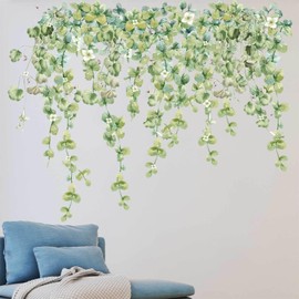 SMAOSTORE Wall Sticker Vine Plant Ceiling Sticker Scandinavian Green Leaves Sticker Flower Stylish Children's Room Bedroom Living Room Bedroom Green Background Wall Sticker Waterproof Removable Wall