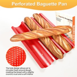 Barlket Baguette Bread Pan Set, French Bread Baking Pan Nonstick with Dough Couche & Cutter, 3-Wave Perforated Baguette Tray Red, 15x11 Inch, Thick Carbon Steel, Oven Safe for Home & Professional Use