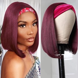 AISI Bob Headband Wig Human Hair 99J Burgundy Headband Glueless Wig Short Straight Bob Wigs for Black Women Human Hair Pre Plucked Natural Hairline Wine Red 12 Inch