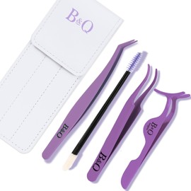 B&Q Eyelash Applicator Tool 3 Pieces Lash Applicator Tool Kit Lash Tweezers for Eyelash Extensions Lash Extension Tweezers for Lash Clusters Application Tool and Removal （Purple,3 PCS）