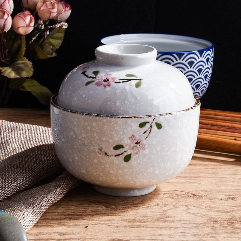 Japanese Ceramic Soup Bowl with Lid Traditional Rice Bowl with