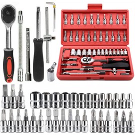 YWHWLX 46 Pieces 1/4 in. Drive Ratchet Socket Wrench Set with Quick-Release Ratchet,Includes Metric Bit Sockets and Extension Bar for Car Repair and Home Maintenance