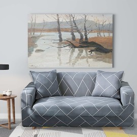 Teynewer 1-Piece Fit Stretch Sofa Cover, Sofa Slipcover Elastic Fabric Printed Pattern Chair Loveseat Couch Settee Sofa Covers Universal Fitted Furniture Cover Protector (2 Seater, #Grey Grid)