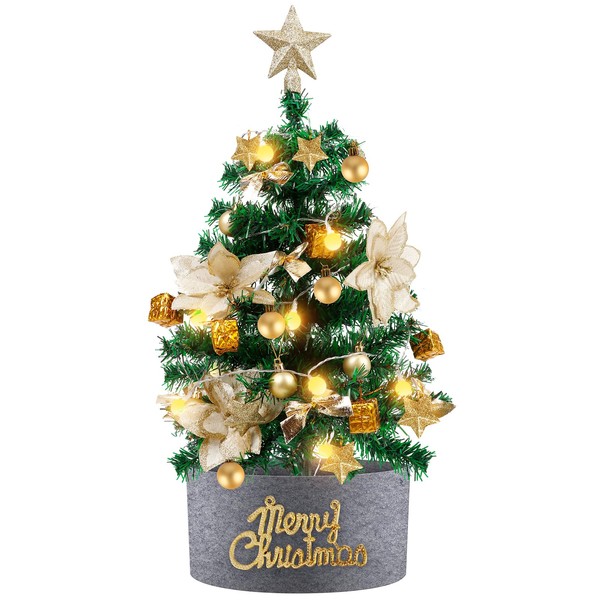 Winthai Christmas Tree 60 cm Artificial Small Mini with LED Lighting, Golden Flower, Tree Apron, Pine Cones, Star, etc. Table Christmas Tree Christmas Decoration for Office