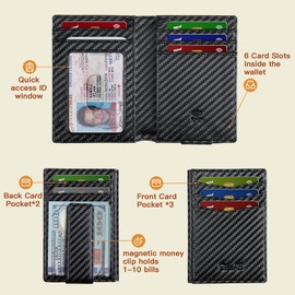 Zitahli Mens Slim Wallet - RFID Blocking Carbon Leather Bifold with Magnetic Closure, 12+ Card Capacity ID Window | Money Clip Gifts for Him