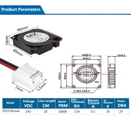 3D Printer DC 24V 4010 Extruder Hot End Turbo Fan, 40x40x10mm 0.1A Current for 3D Printer, Turbo Fan for Creality Ender 3/Ender 3 Pro/CR-10S, 3D Printer Accessories Parts with 20cm Cable Line