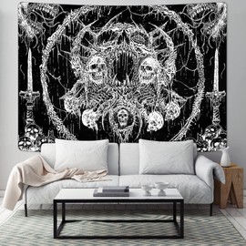 Krelymics Skull Tapestry Black and White Tapestry Aesthetic Tapestries Gothic Skeleton Tapestry Dark Horror Tapestry Wall Hanging for Bedroom(70.9 x 92.5 inches)