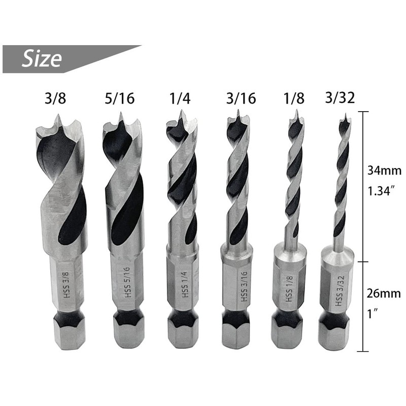 Saipor 6pcs 1/4" Quick Change Hex Shank Wood Brad Point