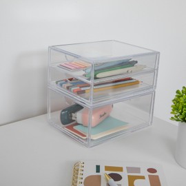 Martha Stewart Brody 2 Pack Desk Organizers, Single Drawer Box and 2 Drawer Box, Stackable Plastic Storage for Office, Bathroom, Countertop, Dorm, 6" x 7.5", Clear