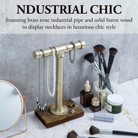 MyGift Modern Brass-Tone Metal Jewelry Display Stand with Industrial Pipe Adjustable Height T-Bar Necklace Bracelet Hanging Organizer Rack with Rustic Burnt Wood Base