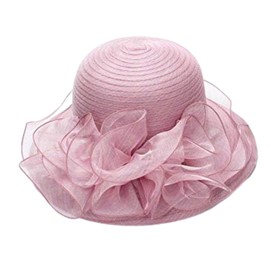 Kentucky Church Hats for Women, Pink Wide Brim Organza Garden Party Hat, Adjustable Fascinators Bow-Flower for Wedding Cocktail Events