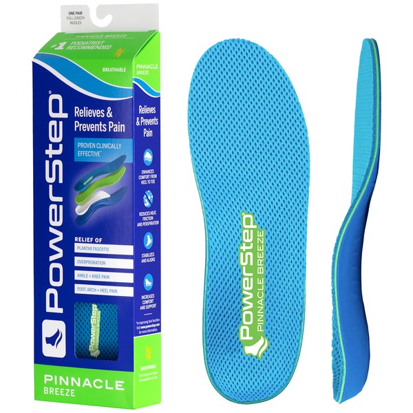 PowerStep Insoles,Pinnacle BreezeArch Pain Relief Insole, Breathable Fabric, Arch Support Orthotic For Women and Men, M10/W12