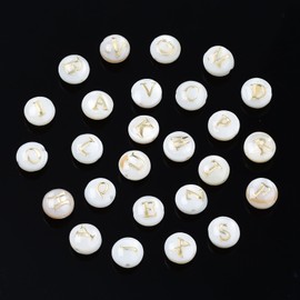 Pandahall 20pcs Shell Letter Beads, Natural Freshwater Shell Beads with Golden Alphabet Letters A-Z Flat Round Shell Charm Beads with 0.8mm Hole for Jewelry Making